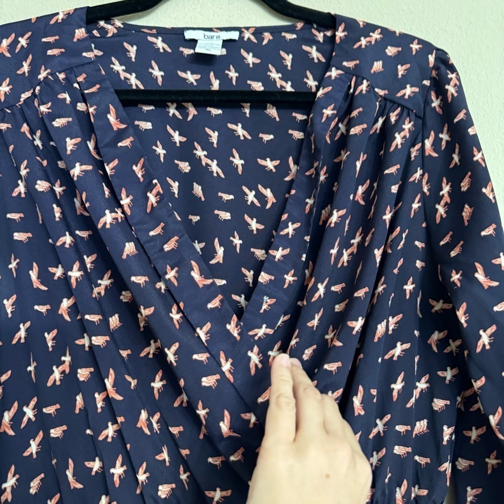 Novelty Print Birds Bar III Dress Long Sleeve Navy Blue Size XL Summer Spring - Picture 6 of 16